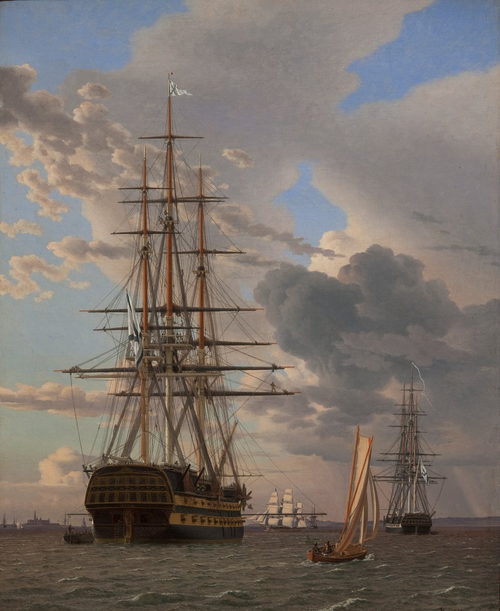 Det ryska linjeskeppet "Asow" och en fregatt för ankar i Helsingörs vägar av Christoffer Wilhelm Eckersberg