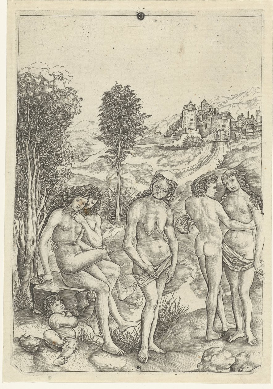 Gammal kvinna och två förälskade par i landskap Allegory of Envy av Christoforo di Michele Robetta