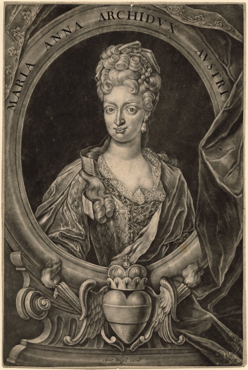 Maria Anna av Österrike, drottning av Portugal (mezzotint) av Christoph Weigel
