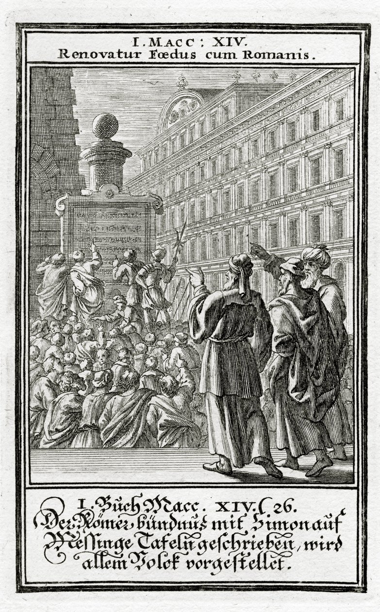 Den romerska alliansen med Simon, skriven på kopparplattor, presenteras för folket, 1 Mackabees 14:26, 1695 av Christoph Weigel