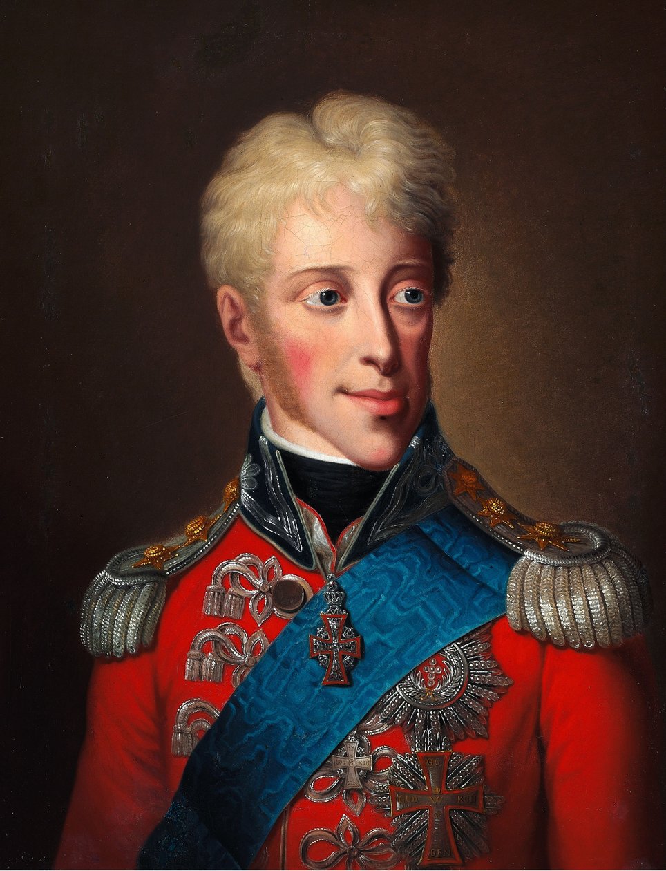 Porträtt av Frederik VI (1784-1839) i en röd jacka och med elefantorden av Christoph Wilhelm Wohlien