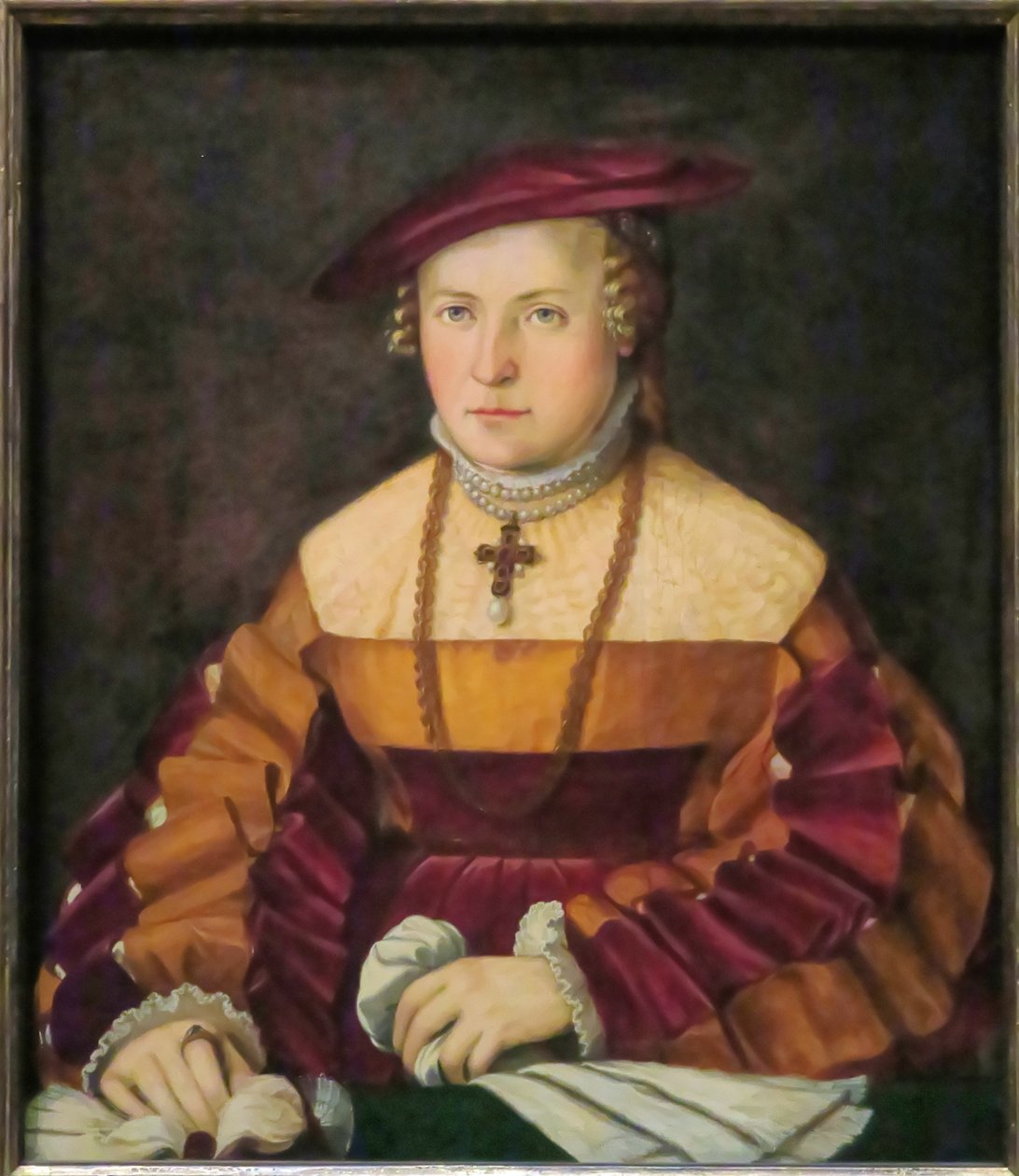 Tyska: Bildnis der Ehefrau des Ulrich Ehinger, Ursula Meuting (d. 1588) (Porträtt av hustrun till Ulrich Ehinger, Ursula Meuting) Porträtt av hustrun till Ulrich Ehinger, Ursula Meuting av Christoph Amberger