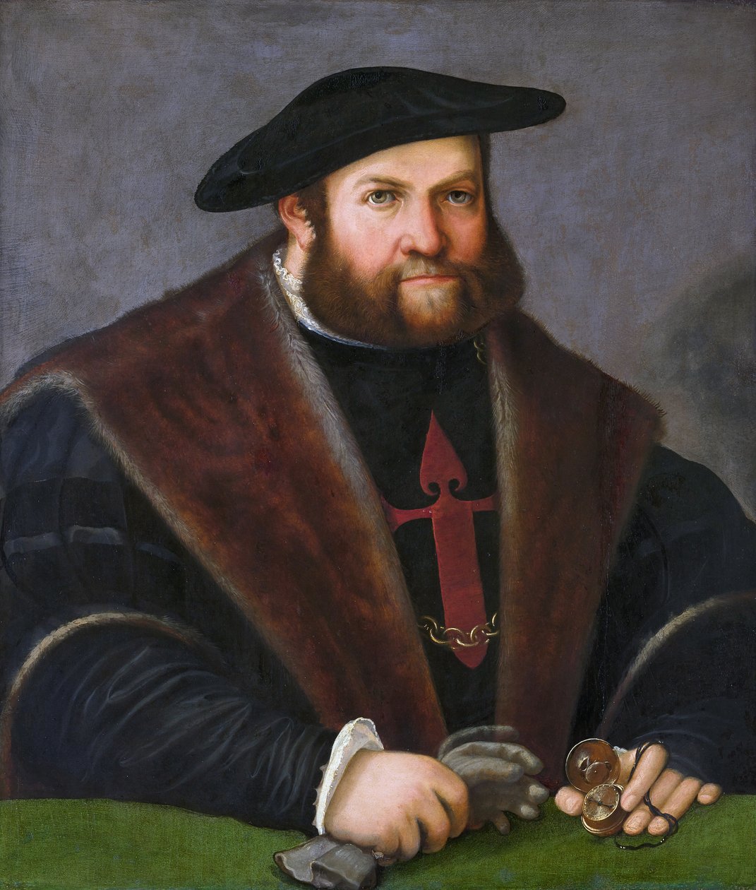 Tyska: Porträtt av Ulrich Ehinger (1485-1537) (Porträtt av en riddare av Santiago) Ulrich Ehinger som riddare av Santiagoordern av Christoph Amberger