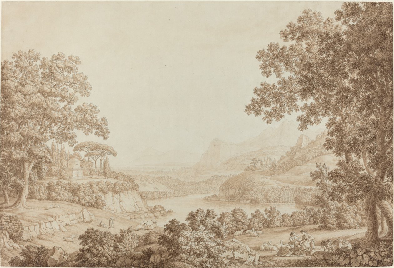 Arkadiskt landskap med ett mausoleum av Christoph Heinrich Kniep