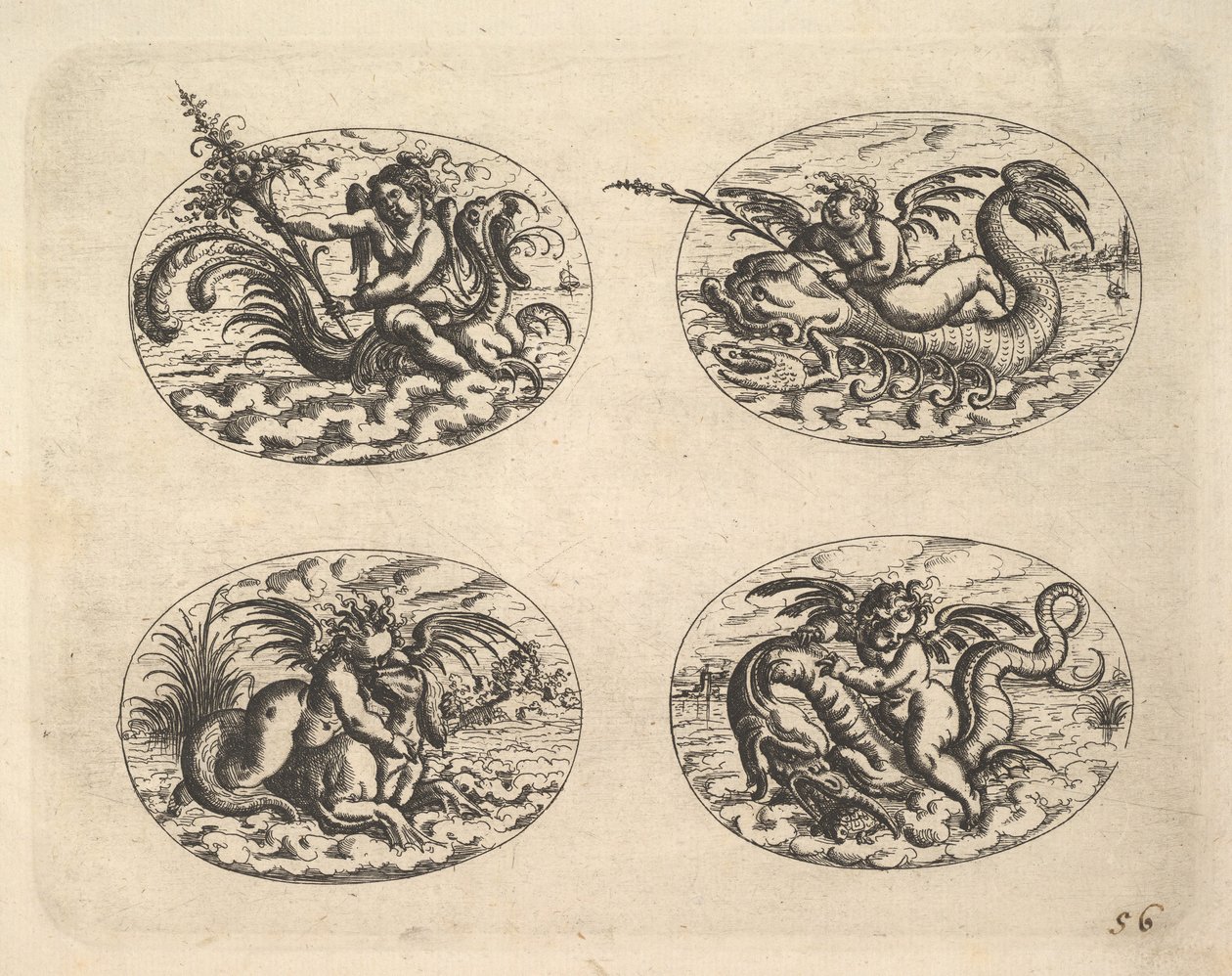Fyra ovaler med Genii, tallrikar från Neue Grotessken Buch, 1610. av Christoph Jamnitzer