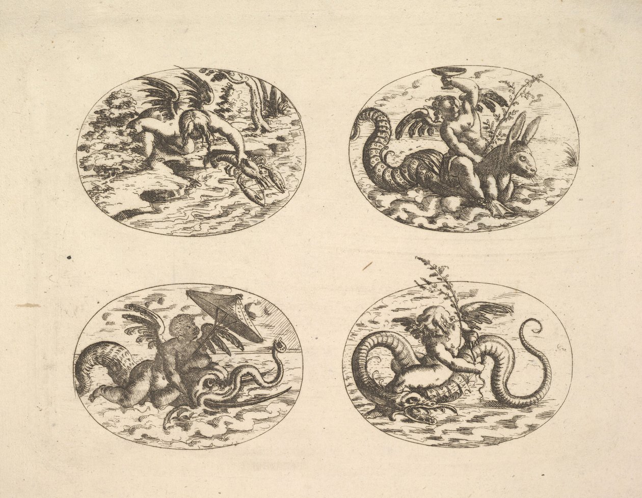 Putti med sjömonster, tallrikar från Neue Grotessken Buch, 1610. av Christoph Jamnitzer