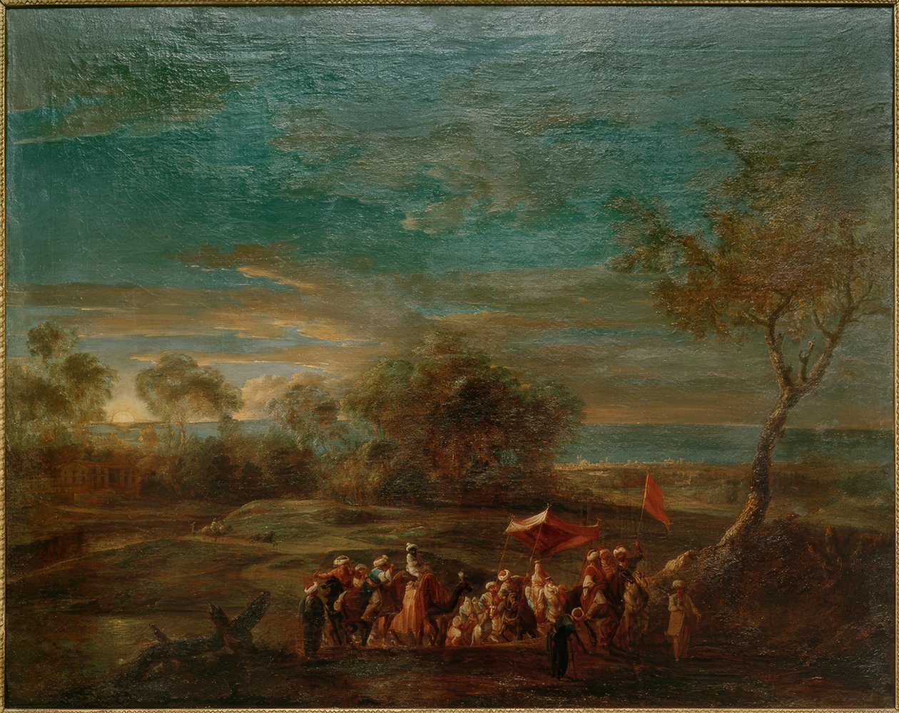 Morgonlandskap med orientaliskt brudtåg av Christoph Ludwig Agricola