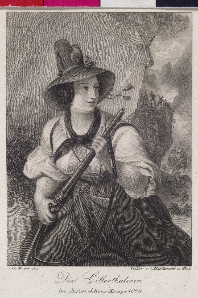 Flickor från Zillertal (dalen) i Tyrolens frihetskamp 1809 (gravyr) av Christoph Mahlknecht