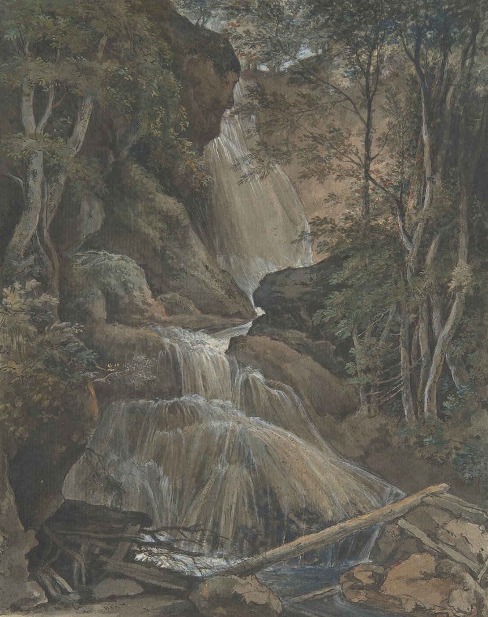 Ett vattenfall i en skog vid Langhennersdorf, 1700-tidigt 1800-tal. av Christoph Nathe