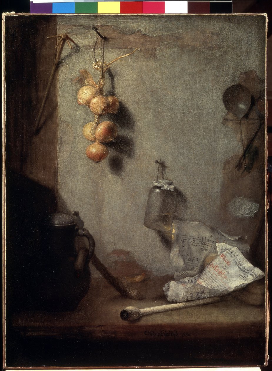 ""Still life"" (Still life) Lök, köksbord och glasburk"" Målning av Christopher Paudiss (1630-1666) 1660 Mått 62x46,5 cm Eremitagemuseet, Sankt Petersburg av Christoph Paudiss