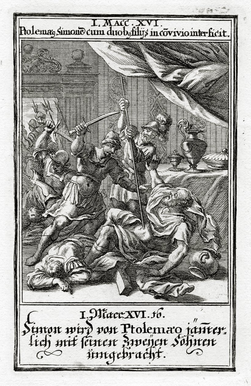 Simon och hans två söner dödas av Ptolemaios.1 Makkabeerbrevet 14:16, 1695 av Christoph Weigel