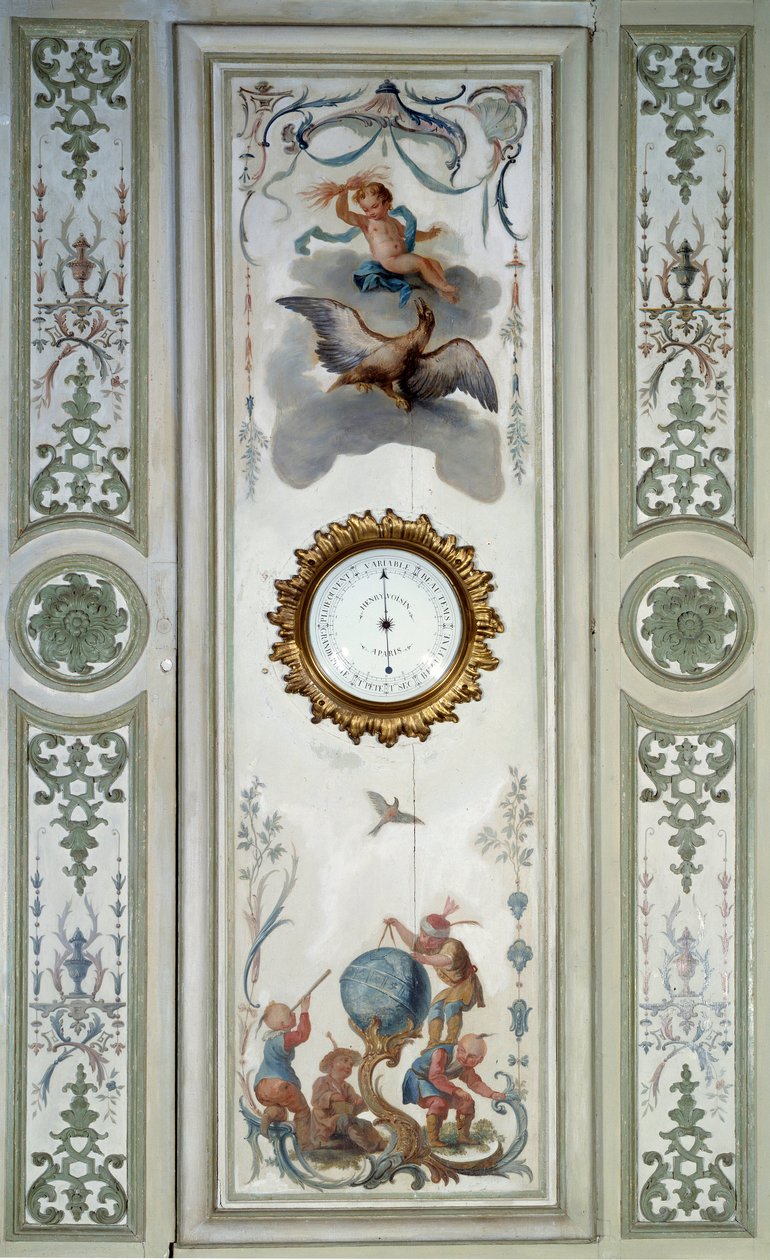 Panel av det stora vardagsrummet på Chateau de Champs sur Marne med barometer och kinoserie. Väggdekor målad av Christophe Huet (1700-1759) av Christophe Huet