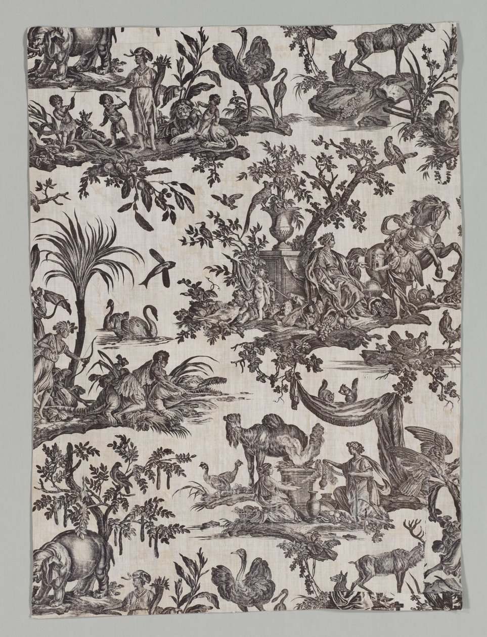 Fragment av koppartryckt bomull med Les quatres parties du monde Design, 1788. av Christophe Philippe Oberkampf