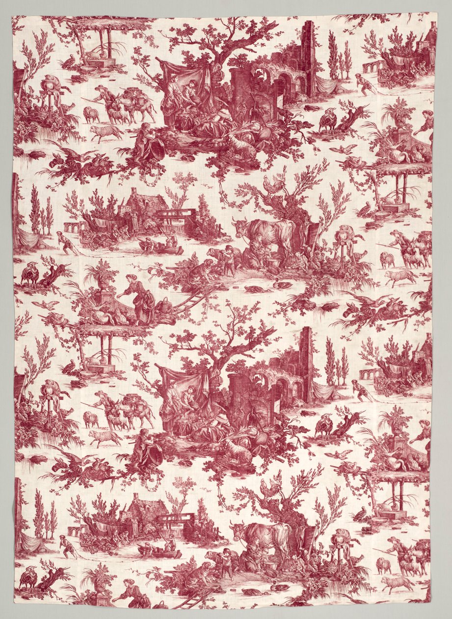 Remsa av koppartryckt bomull med Les plaisirs de la ferme-design, 1785-1790. av Christophe Philippe Oberkampf
