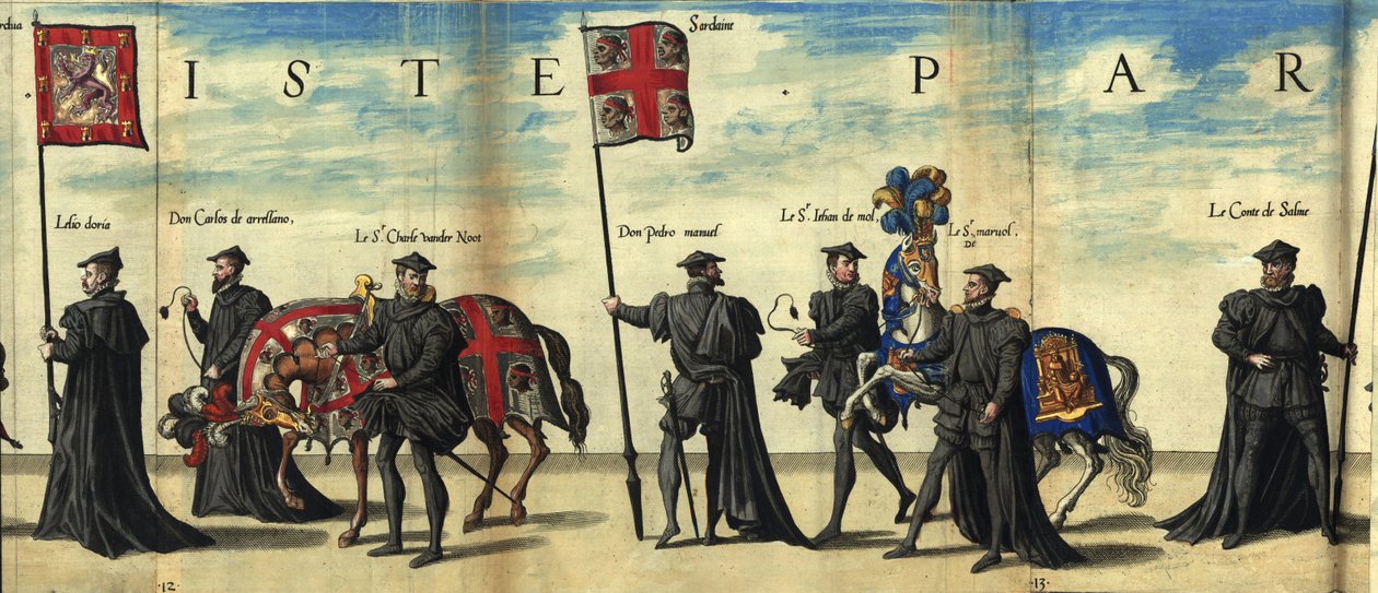 Kungariket Sardiniens flagga i kejsar Karl V:s begravningskortege av Christophe Plantin