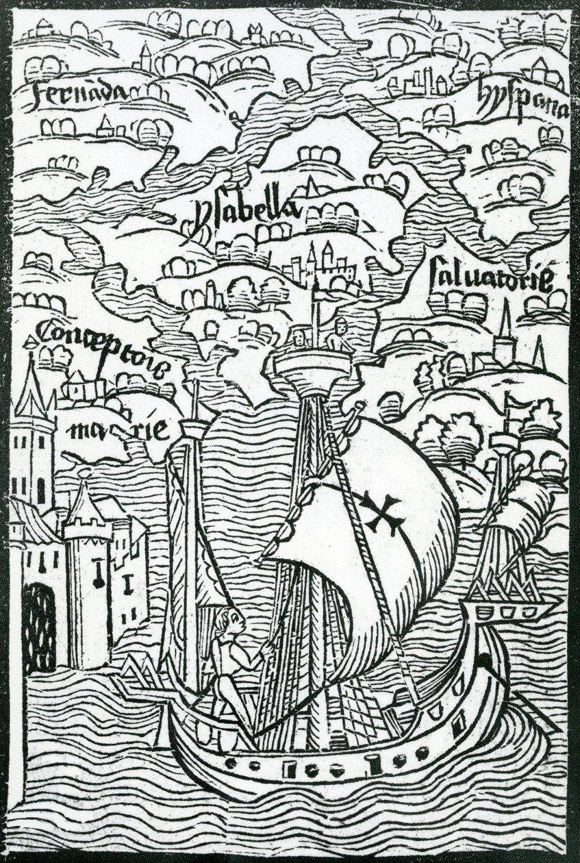 Karta som beskriver öarna Salvador, Espanola, Fernanda, Isabella och Conception, 1493 av Christopher Columbus