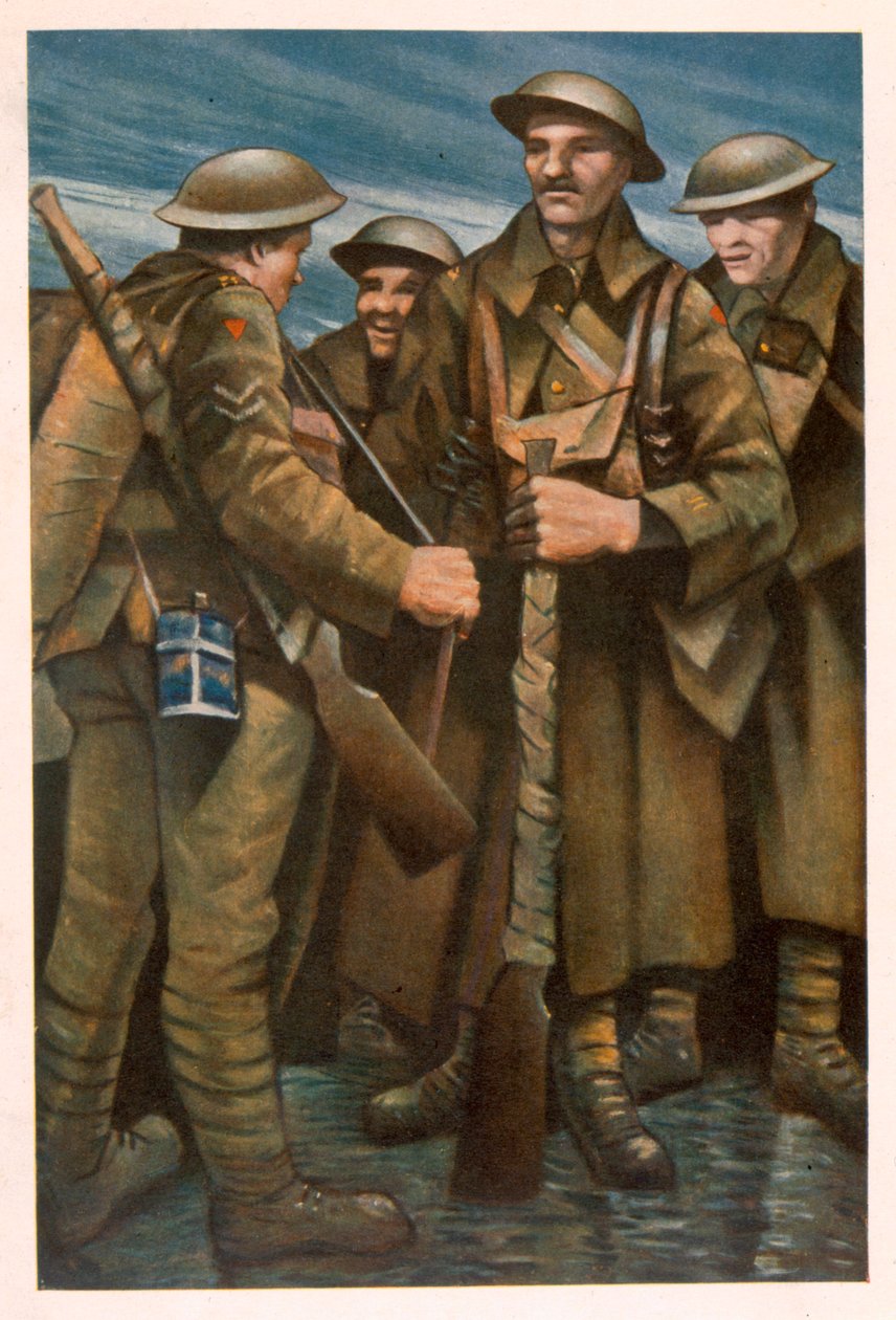 En grupp soldater, från brittiska artister vid fronten, fortsättning på västfronten, 1918 av Christopher Richard Wynne Nevinson