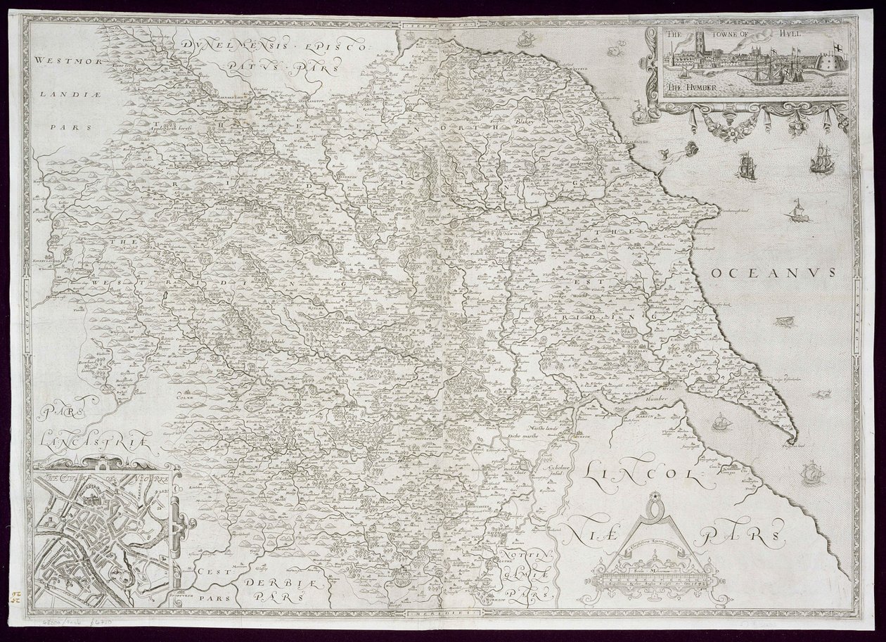 Karta över Yorkshire, graverad av William Web, publicerad 1645 av Christopher Saxton