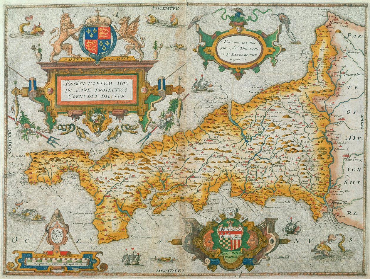 Karta över Cornwalls län, 1579 (handkolorerat gravyr) av Christopher Saxton