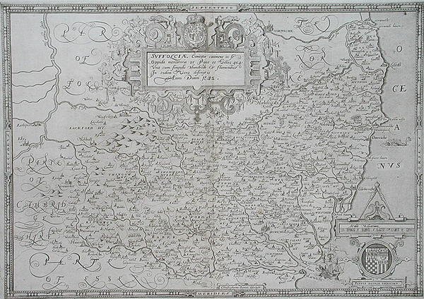Karta över Suffolk, graverad av William Web av Christopher (after) Saxton