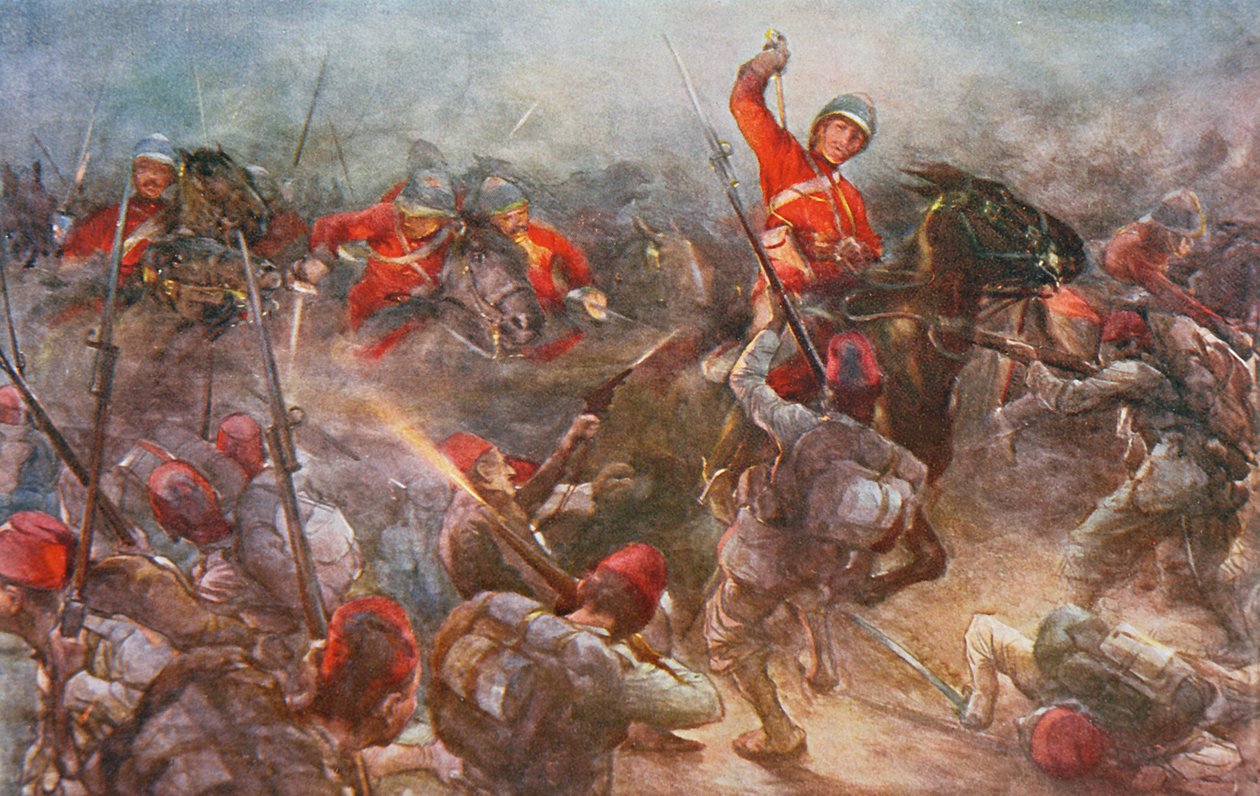 The Charge of the Drury Lowes Cavalry at Kassassin, 28 augusti 1882, illustration från "British Battles on Land and Sea" redigerad av Sir Evelyn Wood (1838-1919) 1915 av Christopher Clark