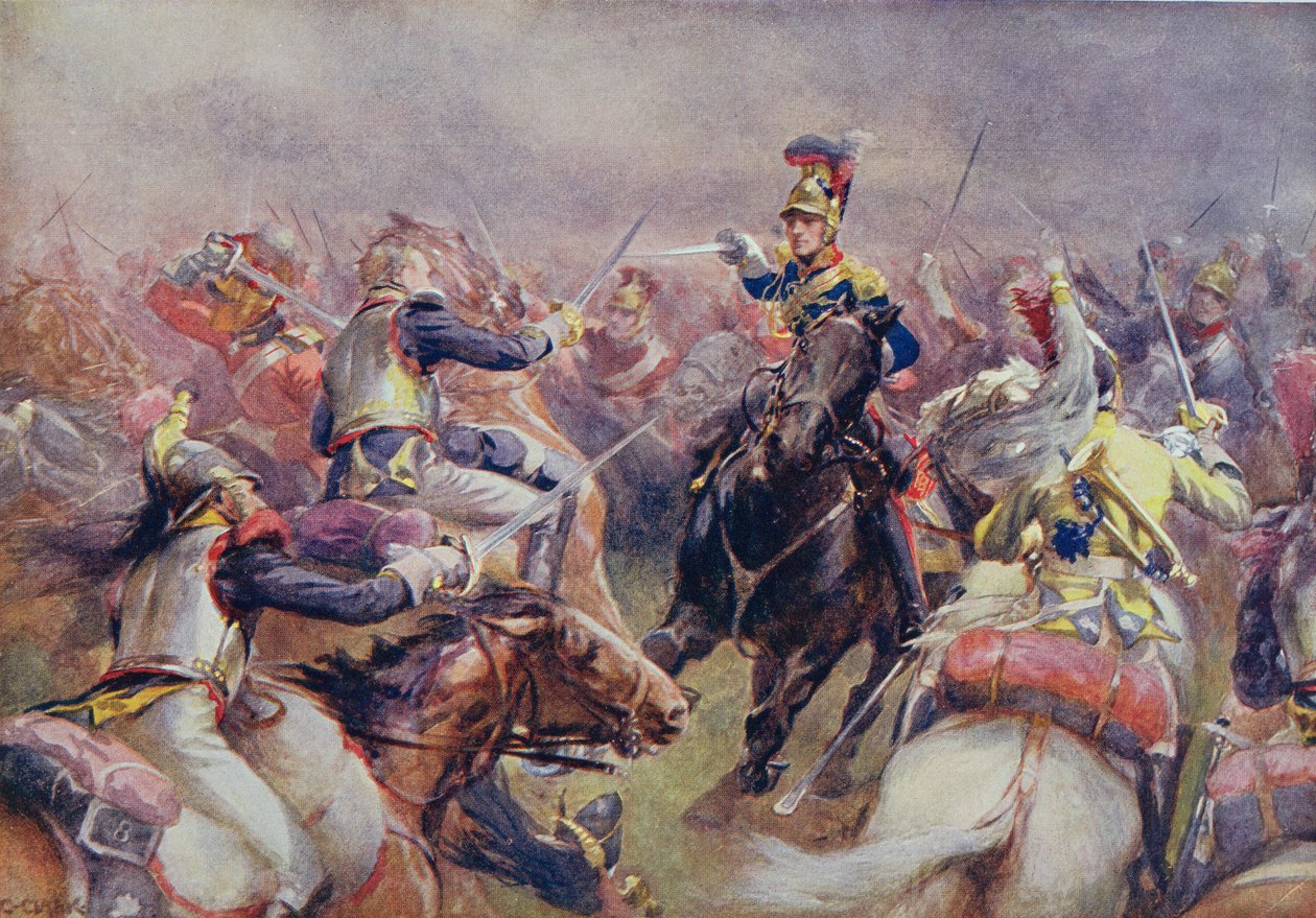 The Charge of the Heavy Brigade against the French Cuirassiers at Waterloo, från "British Battles on Land and Sea" redigerad av Sir Evelyn Wood (1838-1919) publicerad först 1915 av Christopher Clark