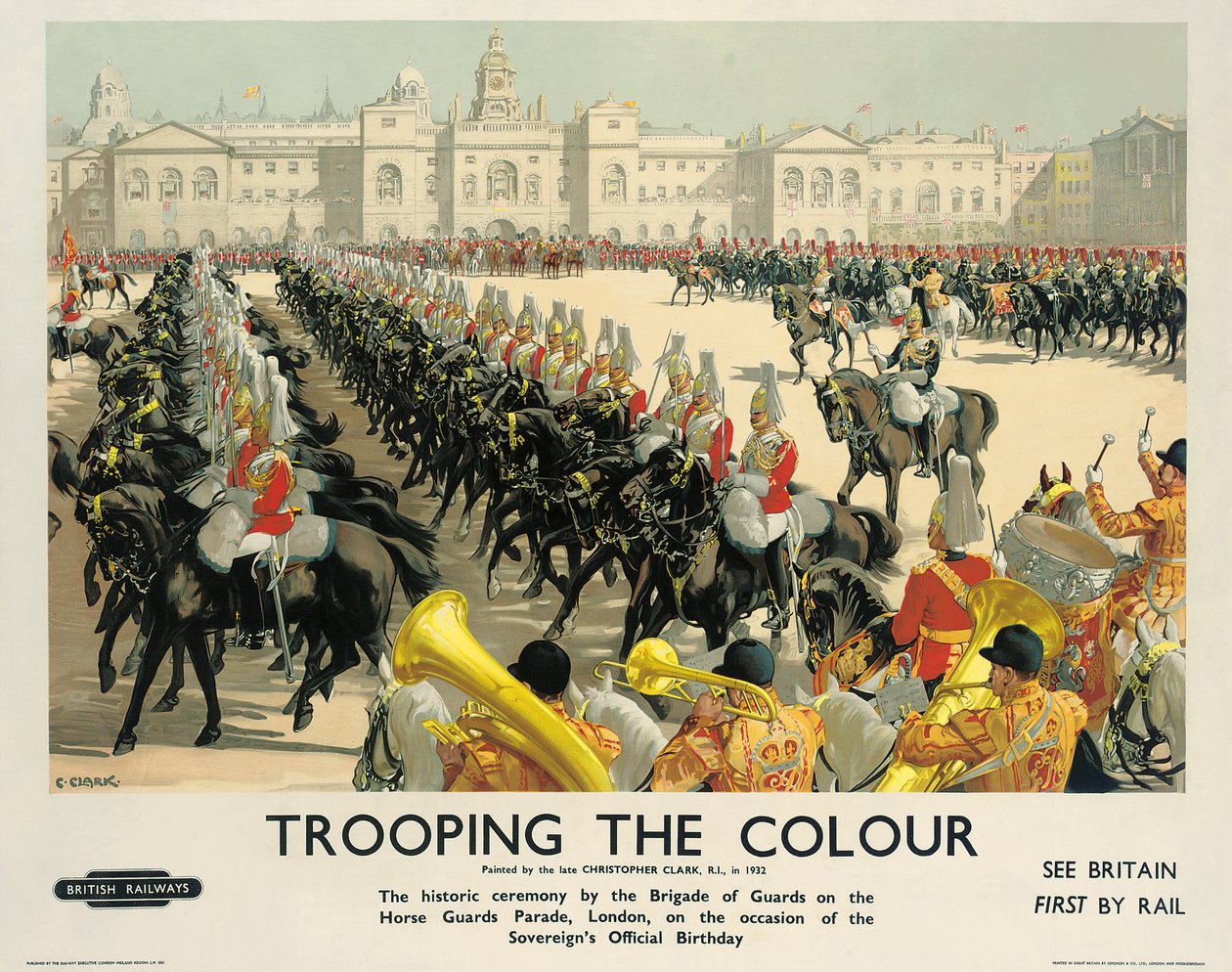 Trooping the Colour, affisch som annonserar British Railways, c.1950 (färg litho) av Christopher Clark