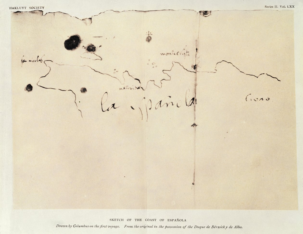 Skiss över Espanolas kust, ritad av Columbus på den första resan, från originalet i Duque de Berwick y de Albas ägo, 1492 (bläck på papper) av Christopher Columbus