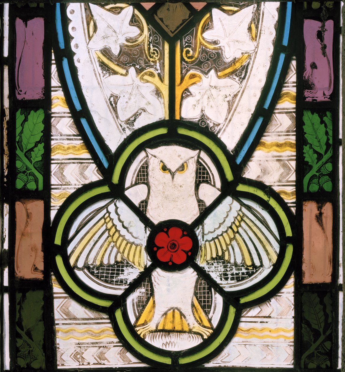 Uggla och blomma, 1865 (målat glas) av Christopher Dresser