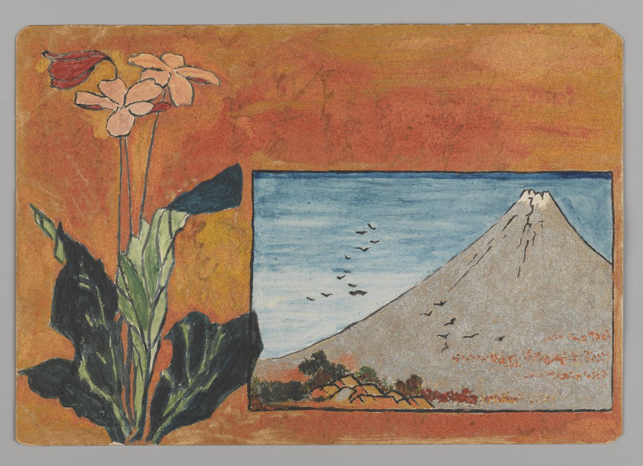 Fuji med blommor (wc på papper) av Christopher Grant La Farge
