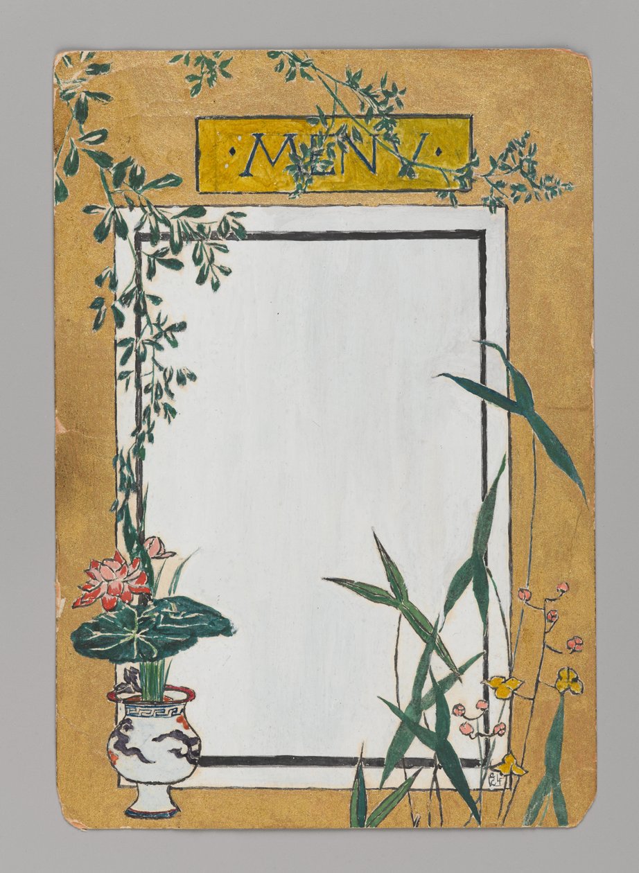 Menykort med bambu och blommor, ca 1880. Akvarell, svart tusch och metallicfärg av Christopher Grant La Farge