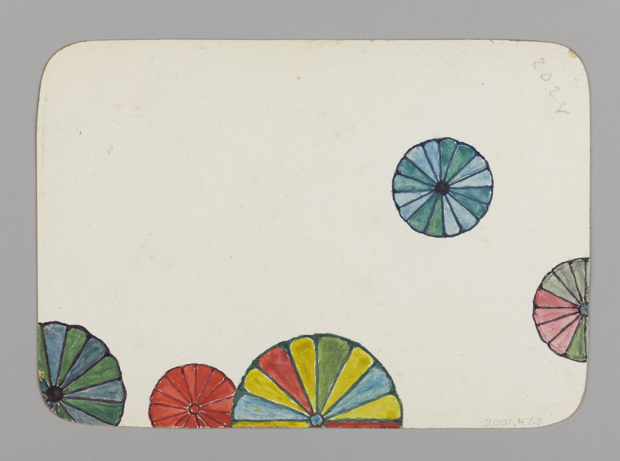Litet kort dekorerat med stiliserade krysantemum (verso), c.1880 (wc, svart bläck och metallic färg på mycket tunt kartong) av Christopher Grant La Farge