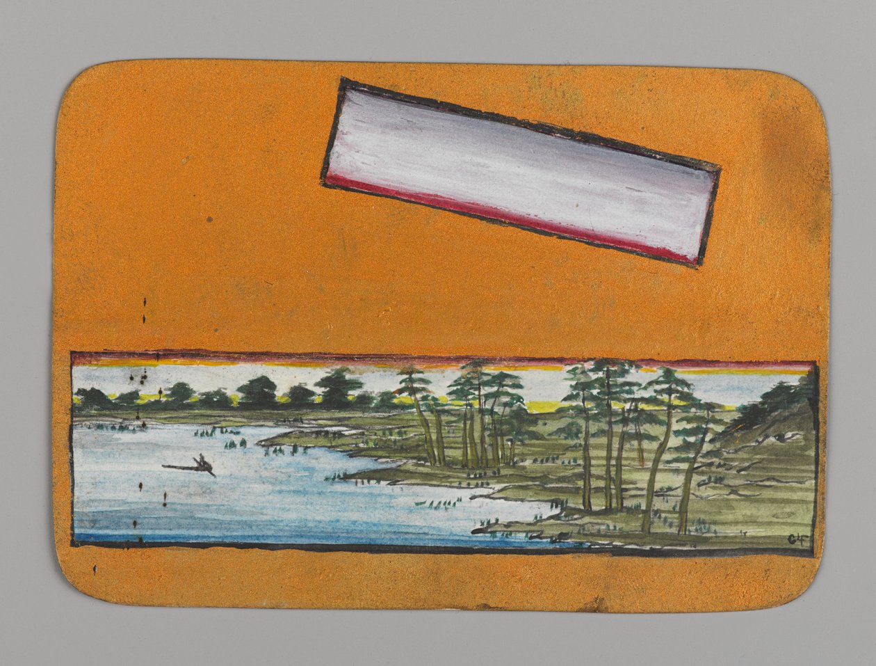 Litet kort med landskap, ca 1880. Akvarell, svart tusch och metallicfärg av Christopher Grant La Farge