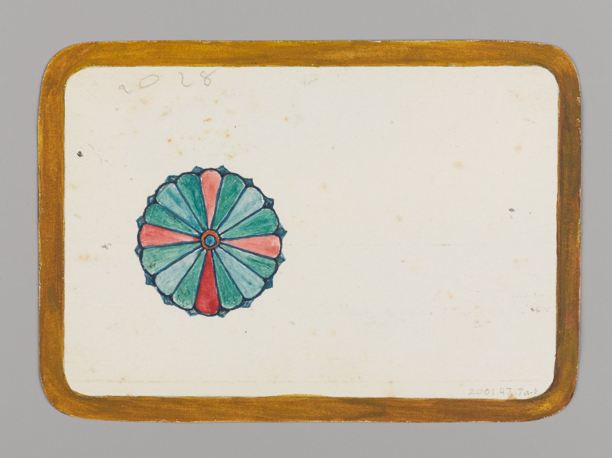 Litet kort med stiliserad krysantemum, ca 1880. Akvarell, svart tusch och metallicfärg av Christopher Grant La Farge