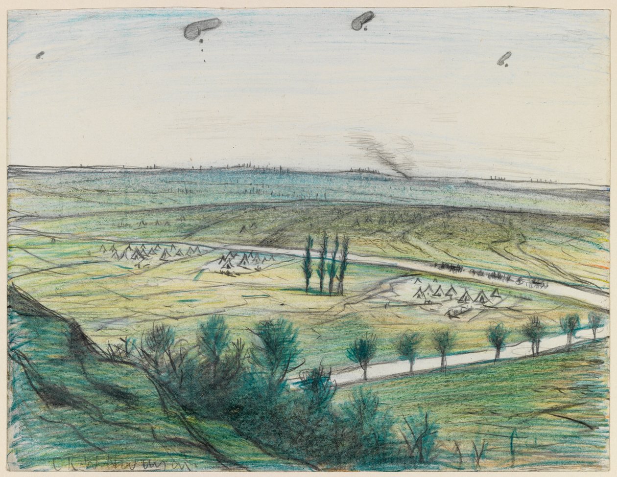 Landskap med observationsballonger, 1914-18 (penna och krita på papper) av Christopher Richard Wynne Nevinson