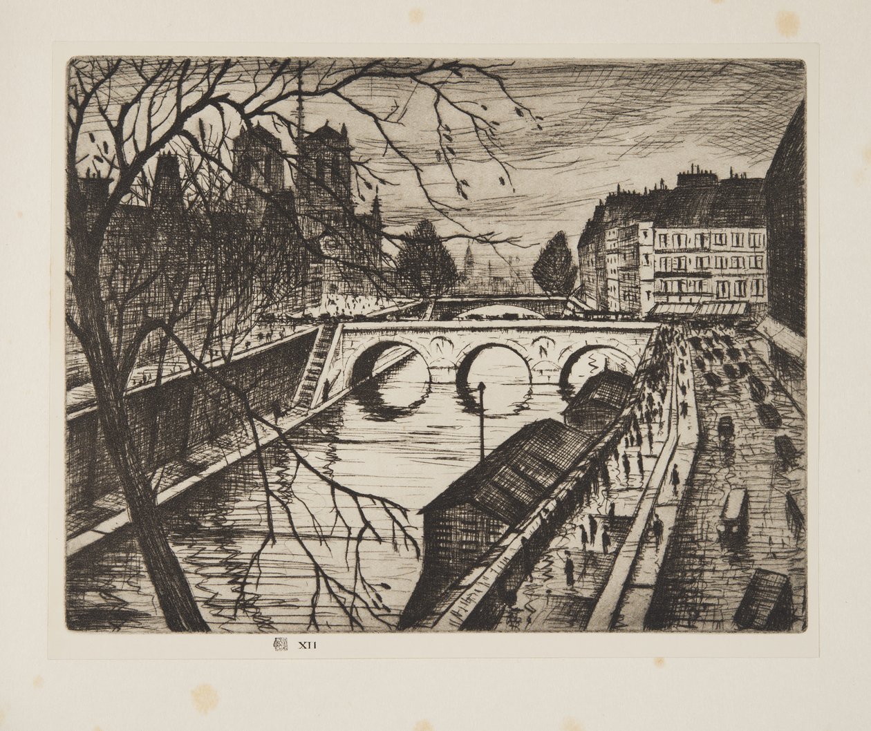 Notre Dame, kajerna i Paris, pub.1931 (etsning) av Christopher Richard Wynne Nevinson