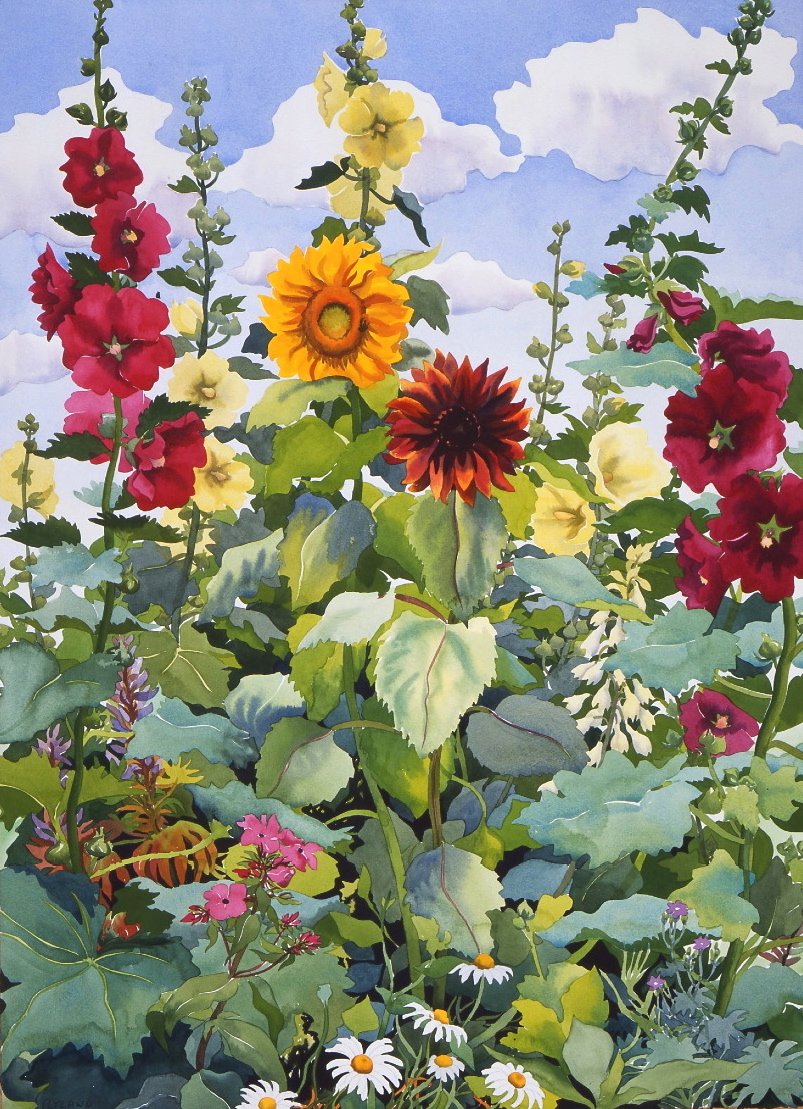 Hollyhocks and Sunflowers, 2003 (akvarell på papper) av Christopher Ryland