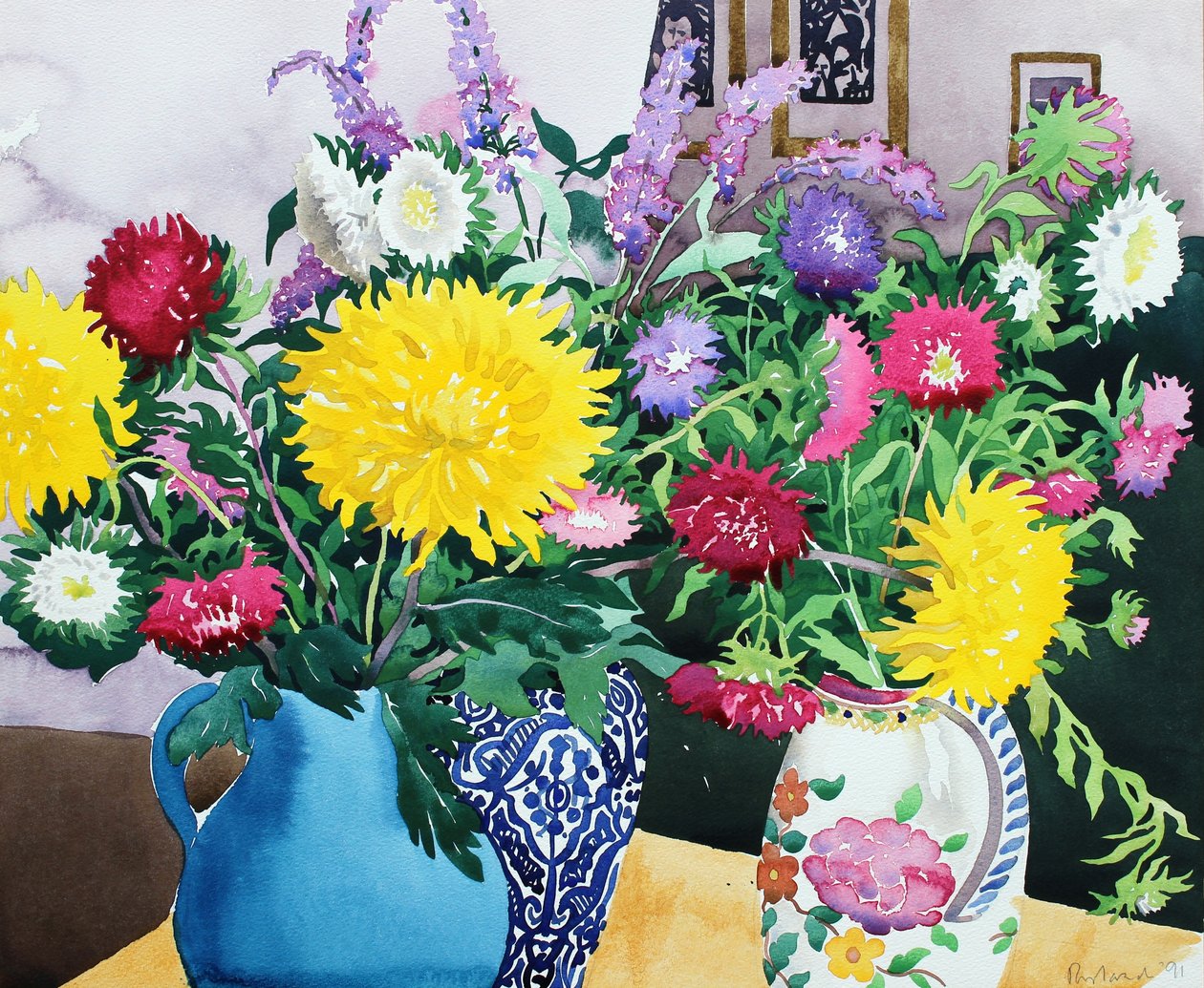 Interiör med asters (akvarell på papper) av Christopher Ryland
