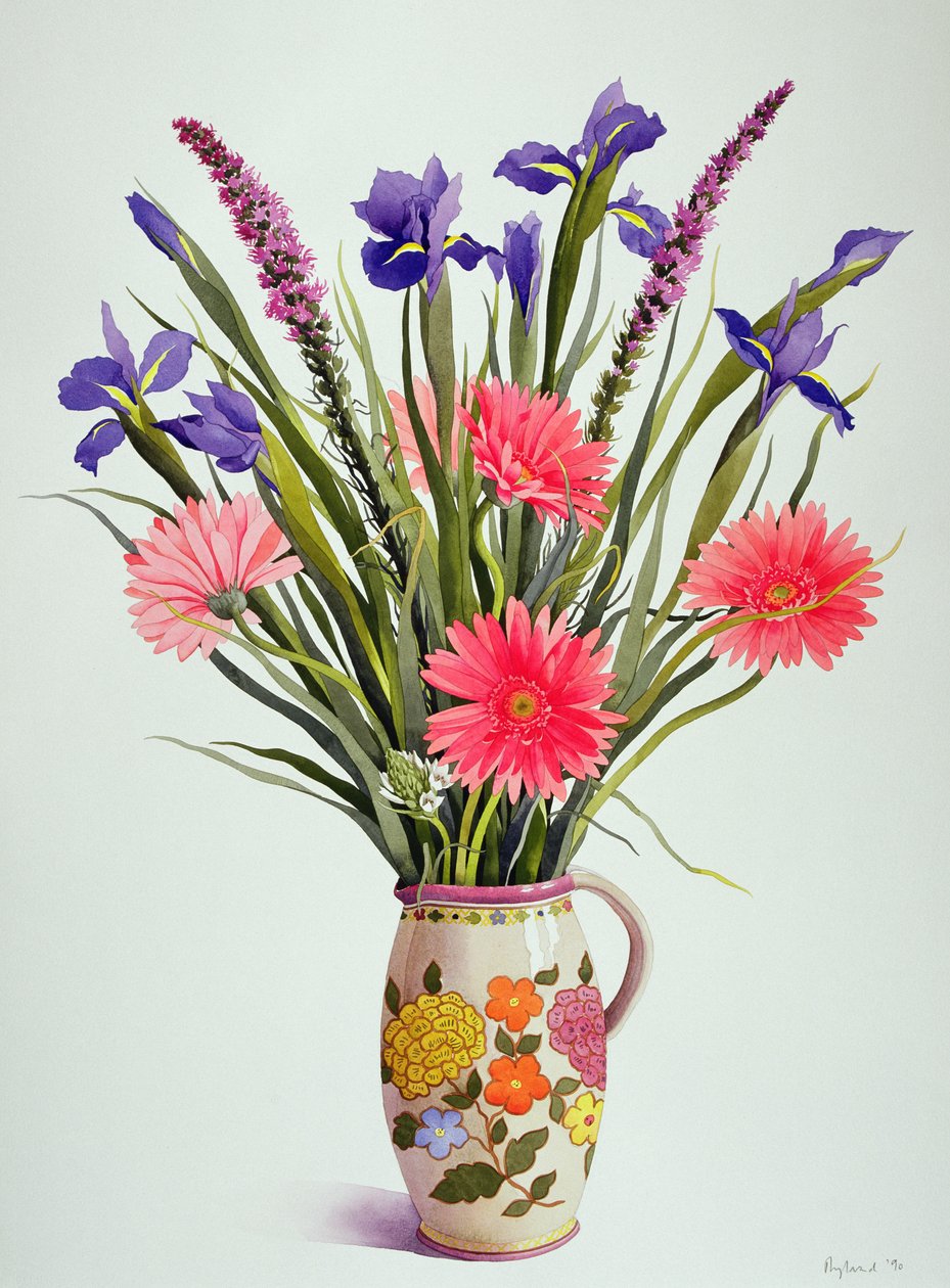 Iris och Gerbera i en holländsk kanna (wc) av Christopher Ryland