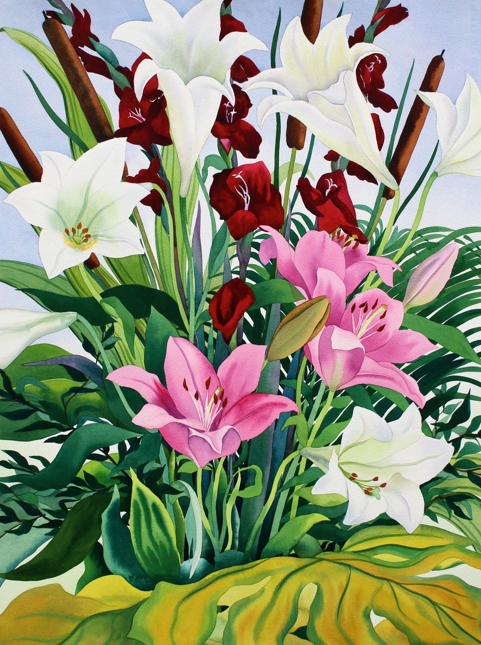 Liljor och bullrushes (akvarell på papper) av Christopher Ryland