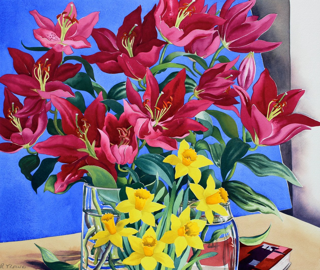 Magenta liljor och påskliljor (akvarell på papper) av Christopher Ryland