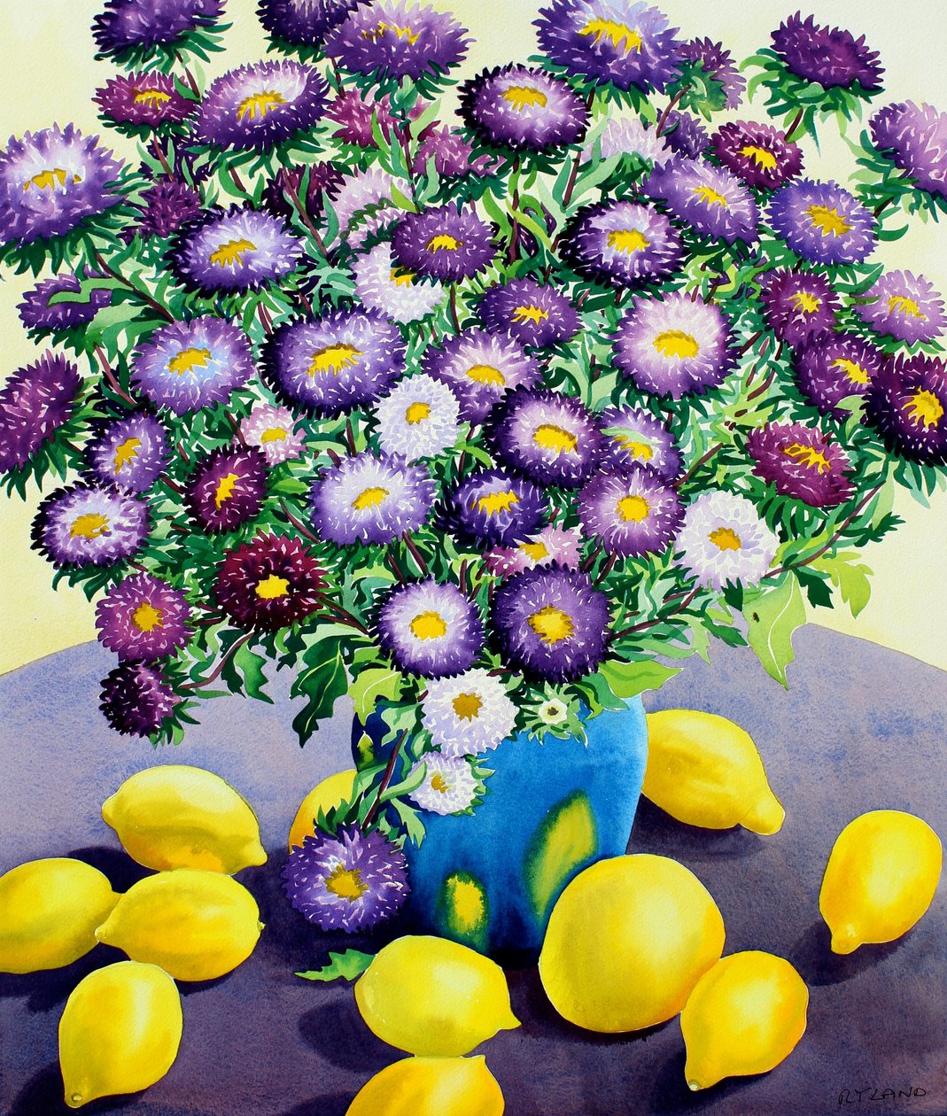 Lila asters och citroner (akvarell på papper) av Christopher Ryland