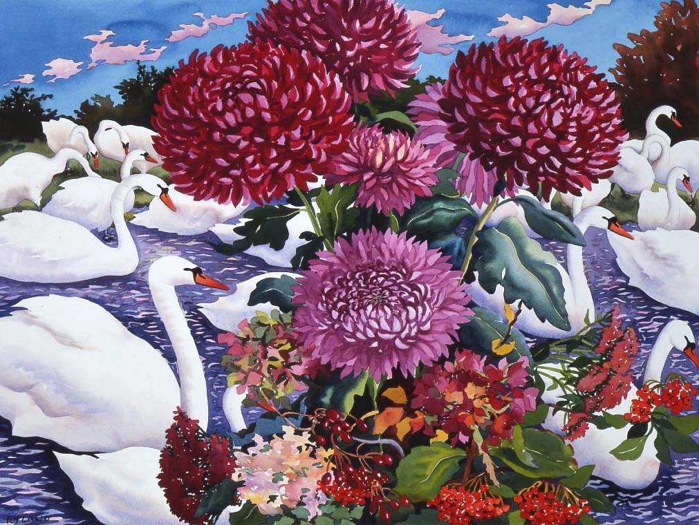 Svanar och krysantemum, 2005 (akvarell på papper) av Christopher Ryland