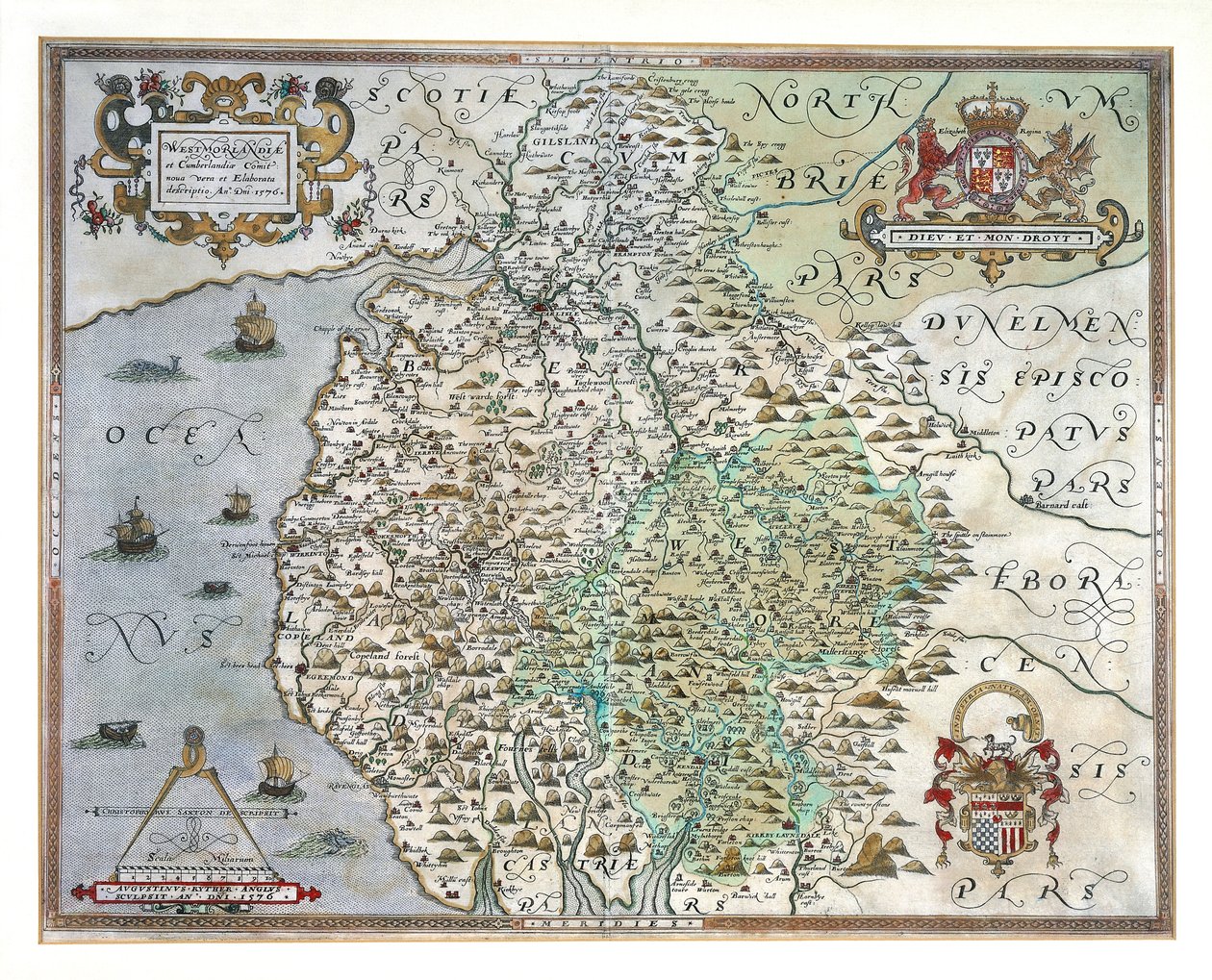 En karta över Westmorland och Cumberland, 1576 av Christopher Saxton