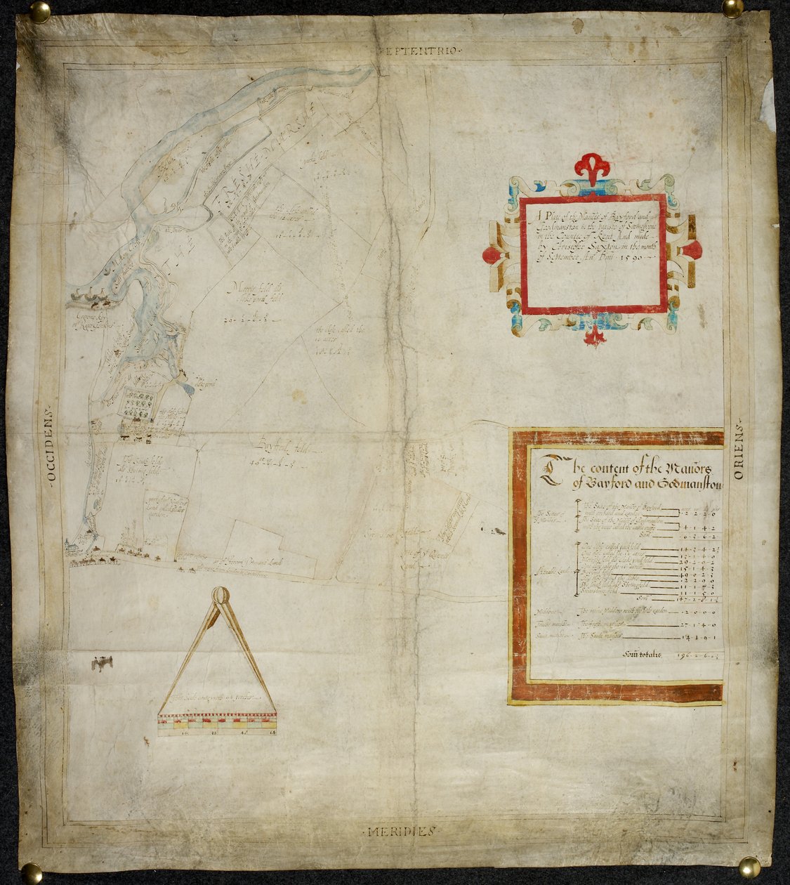 Karta över Bayford och Goodmanston herrgårdar i Murston och Sittingbourne, co. Kent: 1590 (bläck och färgtvätt på pergament) av Christopher Saxton