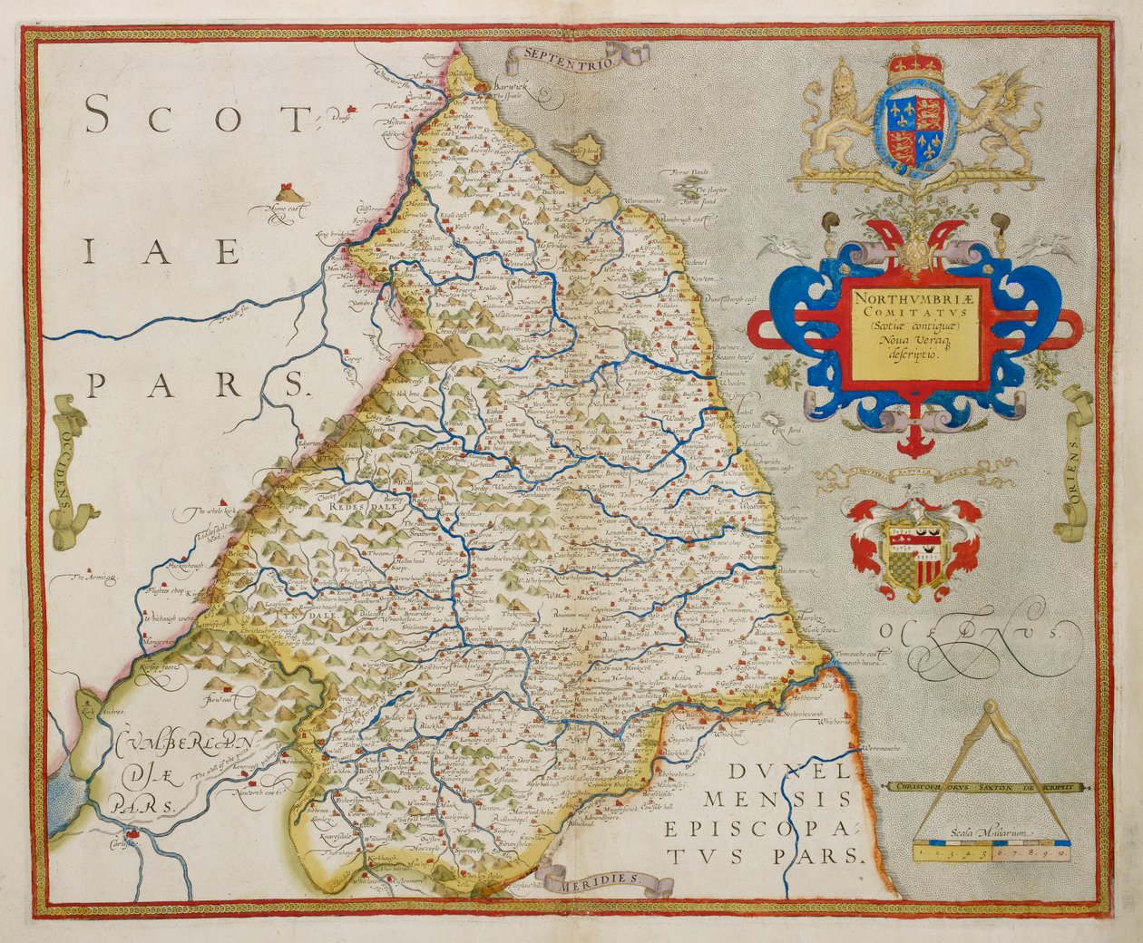 Karta över Northumbria, från "En atlas över England och Wales" av Christopher Saxton