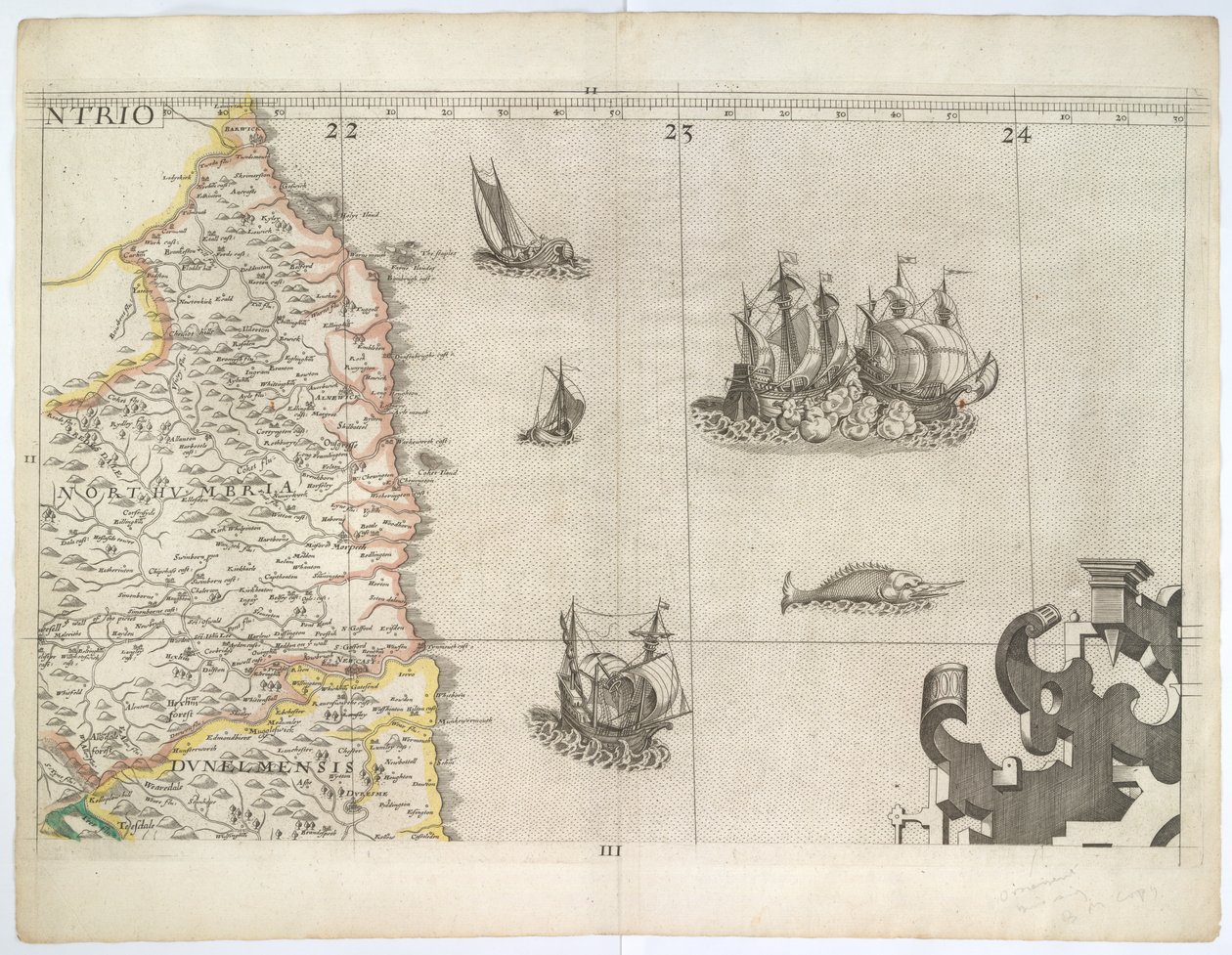 Northumbria och nordöstra England, från Saxtons väggkarta från 1583 (gravyr) av Christopher Saxton