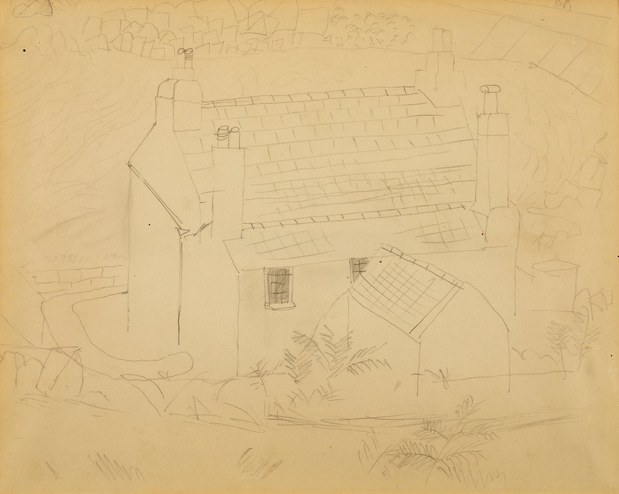 Stuga, Cornwall (penna på papper) av Christopher Wood
