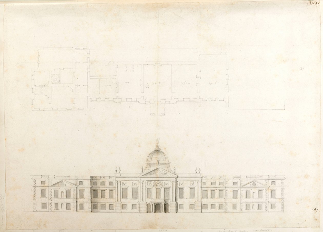 Hampton Court Palace, delplan och skisshöjd för en entréfasad, troligen för 2:a schemat, numrerad 5 & 6 av Christopher Wren