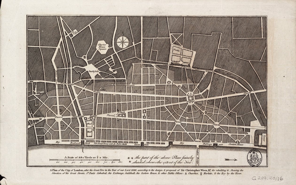 Plan över staden London efter den stora branden 1666 (tryck) av Christopher Wren